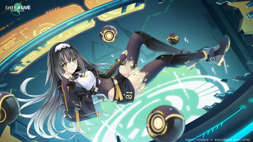 arusu_marina belt black_footwear black_hair black_legwear black_shorts closed_mouth date_a_live date_a_live:_arusu_install date_a_live:_spirit_pledge female floating full_body hairband highres holographic_interface long_hair looking_at_viewer official_art shorts solo white_hairband yellow_belt yellow_eyes