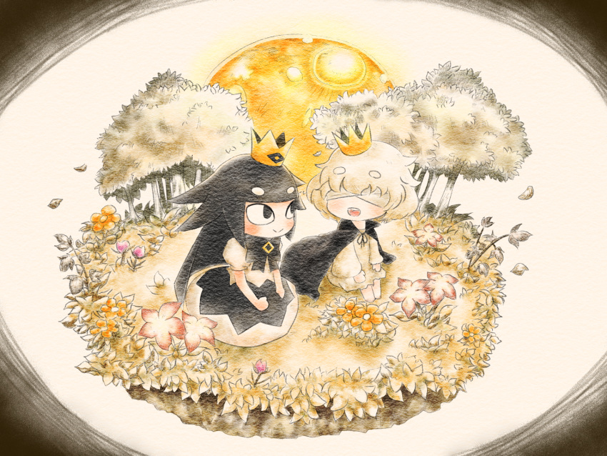 1boy black_bow black_dress black_hair blind_prince bow cape commentary_request crown dress female flower forest highres leaf liar_princess looking_at_another moon nature open_mouth smile usotsuki_hime_to_moumoku_ouji yabisara