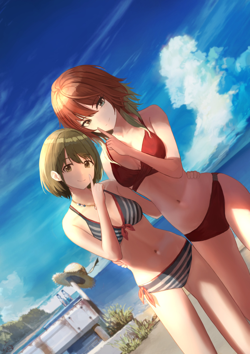 2girls absurdres aketa_mikoto beach bikini blonde_hair blue_eyes blue_sky breasts brown_eyes brown_hair cleavage closed_mouth cloud collarbone day dutch_angle finger_to_mouth front-tie_bikini_top front-tie_top hand_on_another's_shoulder heterochromia highres idolmaster idolmaster_shiny_colors index_finger_raised jewelry kadomaki_madoka long_hair looking_at_viewer medium_breasts multicolored_hair multiple_girls nanakusa_nichika navel necklace outdoors red_bikini short_hair shushing side-tie_bikini_bottom sky smile striped_bikini striped_clothes swimsuit two-tone_hair