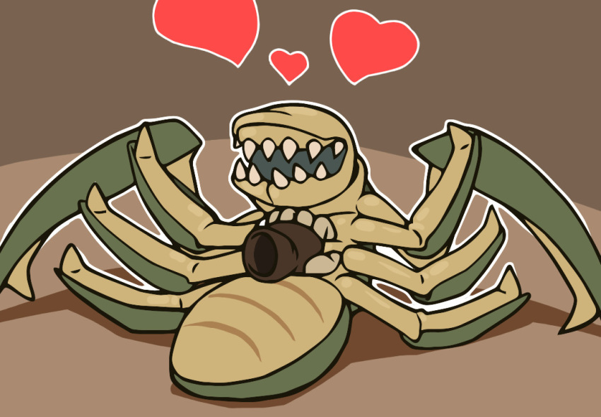 alien ambiguous_gender arachnid arthropod arthropod_abdomen deep_rock_galactic duo extraterrestrial feral ghost_ship_games glyphid glyphid_grunt heart_symbol kaitou lying on_back petting simple_background smile steeve_(drg)