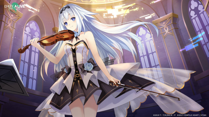 arusu_maria bare_arms bare_shoulders blue_eyes breasts cleavage closed_mouth date_a_live date_a_live:_arusu_install date_a_live:_spirit_pledge female flower hairband highres indoors instrument long_hair looking_at_viewer nightgown official_art smile solo standing violin white_hair