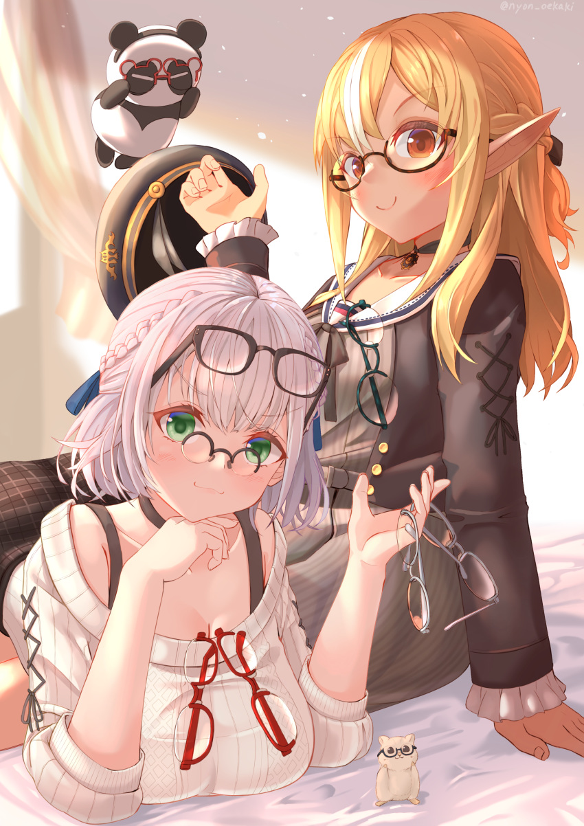 2girls absurdres blonde_hair breast_rest breasts closed_mouth elf eyewear_on_head glasses grey_hair hamster highres hololive kintsuba_(shiranui_flare) large_breasts long_hair looking_at_viewer multiple_girls nyoon off_shoulder official_alternate_costume pointy_ears pop_(shirogane_noel) shiranui_flare shiranui_flare_(street) shirogane_noel shirogane_noel_(casual) short_hair smile v-shaped_eyebrows virtual_youtuber