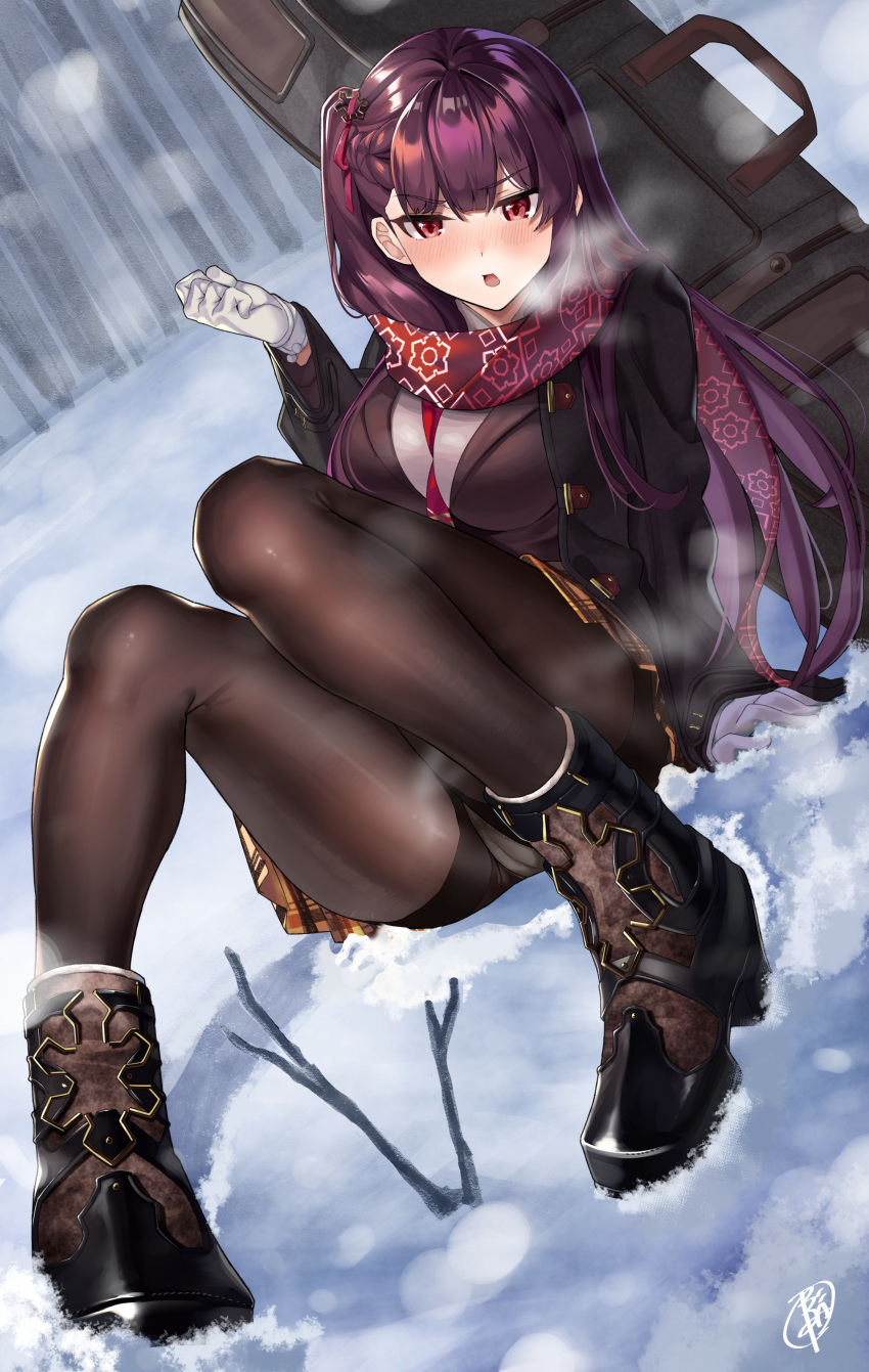 absurdres angry b:ga bad_id bad_twitter_id between_breasts black_coat black_pantyhose breasts brown_skirt coat commentary_request female girls'_frontline gloves hair_ornament highres large_breasts long_hair long_legs necktie necktie_between_breasts official_alternate_costume one_side_up open_clothes open_coat panties panties_under_pantyhose pantyhose print_scarf purple_hair red_eyes red_necktie red_scarf scarf sitting skirt snow snowflake_hair_ornament snowflake_print snowing underwear wa2000_(date_in_the_snow)_(girls'_frontline) wa2000_(girls'_frontline) white_gloves