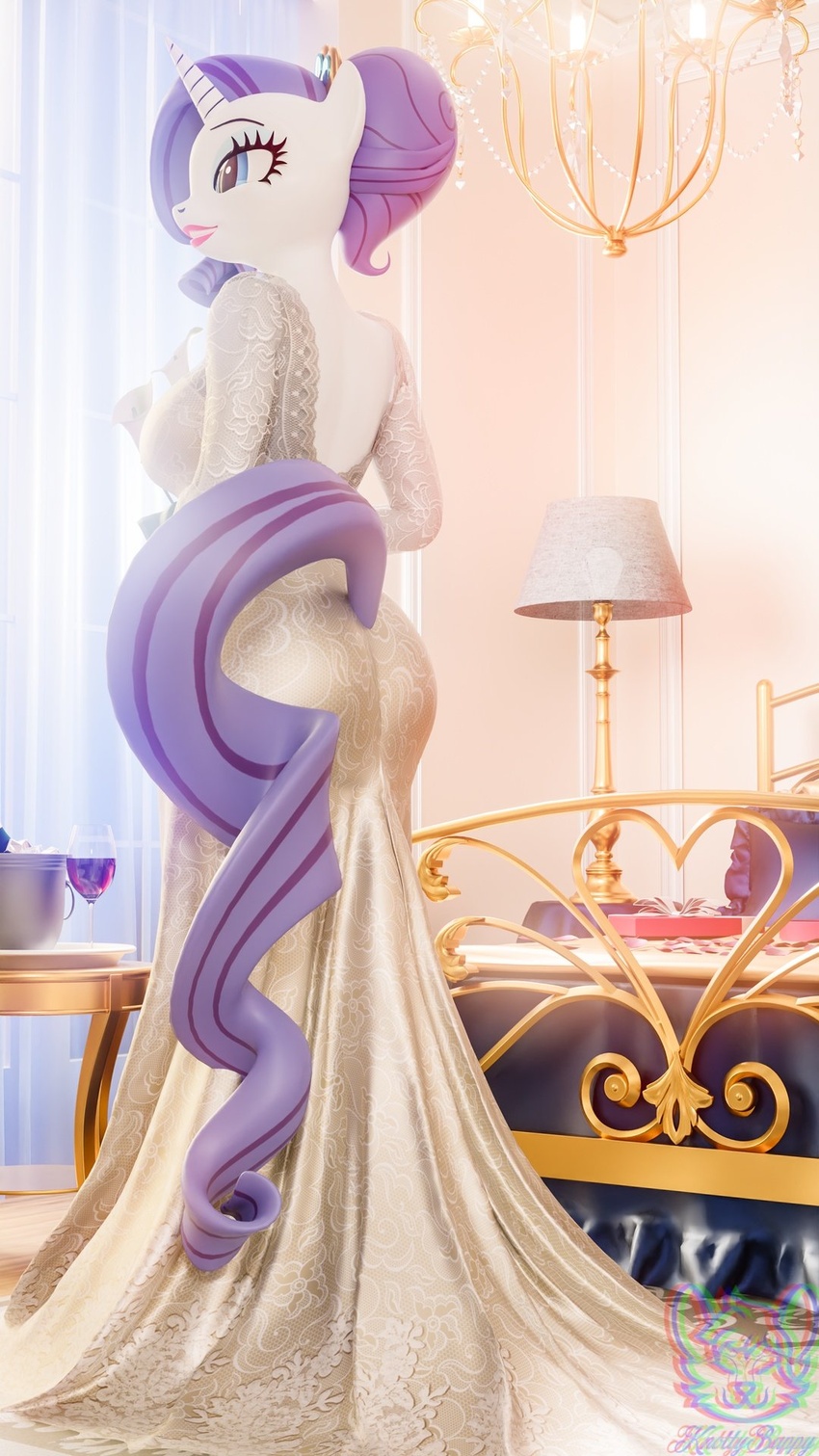 3d_(artwork) 9:16 alcohol anthro anthrofied ass bed beverage blue_eyes clothing container cup digital_media_(artwork) dress drinking_glass equid equine evening_gown female friendship_is_magic furniture glass glass_container glass_cup hair hasbro hi_res horn knottybuppy lips lipstick makeup mammal my_little_pony mythological_creature mythological_equine mythology open_back_dress pink_lips pink_lipstick ponytail purple_hair purple_tail rarity_(mlp) smile solo tail unicorn wine wine_glass