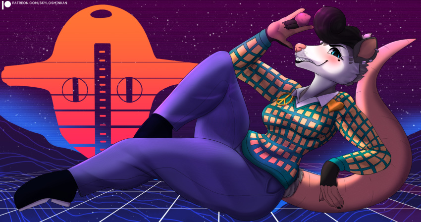 256:135 american_opossum anthro blue_eyes blush breasts clothed clothing cosplay digital_media_(artwork) female food fruit fully_clothed hi_res holding_object jojo's_bizarre_adventure josefumi_kujo locacaca_fruit mammal marsupial meme plant pompadour reclining shaded skylosminkan solo synthwave