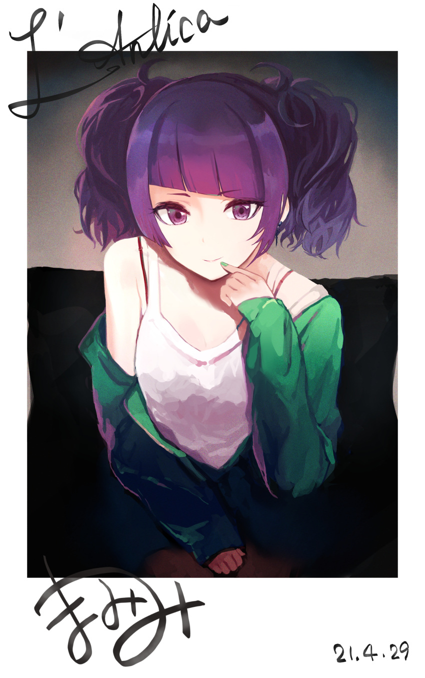 absurdres blunt_bangs dated diagonal_bangs drawing_(object) earrings female finger_to_mouth green_jacket highres idolmaster idolmaster_shiny_colors jacket jacket_partially_removed jewelry kadomaki_madoka light_smile looking_at_viewer nail_polish purple_eyes purple_hair signature sitting solo tanaka_mamimi tank_top thighhighs twintails white_tank_top