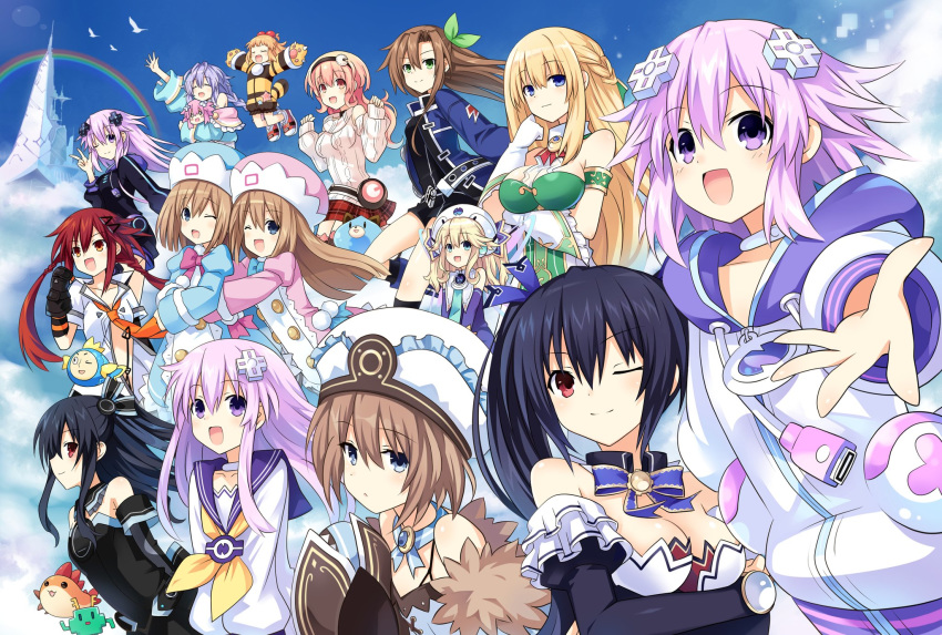 :d ;) ;d adult_neptune bare_shoulders black_hair black_hairband blanc_(neptunia) blonde_hair blue_coat blue_eyes blush braid breasts brown_eyes brown_hair buttons choker cleavage clenched_hand cloud coat commentary_request compa d-pad d-pad_hair_ornament day detached_collar detached_sleeves dogoo double-breasted dress elbow_gloves everyone expressionless fur_trim gloves green_eyes hair_bobbles hair_ornament hair_ribbon hairband hairclip hat highres histoire hood hooded_jacket hug hug_from_behind if_(neptunia) jacket kami_jigen_game_neptune_v large_breasts leaf_hair_ornament light_purple_hair long_hair long_sleeves looking_at_viewer medium_breasts medium_hair multiple_girls necktie nepgear neptune_(neptunia) neptune_(series) noire_(neptunia) one_eye_closed open_mouth orange_hair orange_necktie outdoors pink_coat pish purple_eyes purple_hair pururut ram_(neptunia) reaching reaching_towards_viewer red_eyes red_hair ribbon rom_(neptunia) sailor_dress shin_jigen_game_neptune_vii shirt short_hair siblings sisters small_breasts smile spaghetti_strap sweater tennouboshi_uzume twin_braids twins two_side_up umio_(neptunia) uni_(neptunia) usb vert_(neptunia) very_long_hair w white_choker white_shirt wide_sleeves zero_(ray_0805)