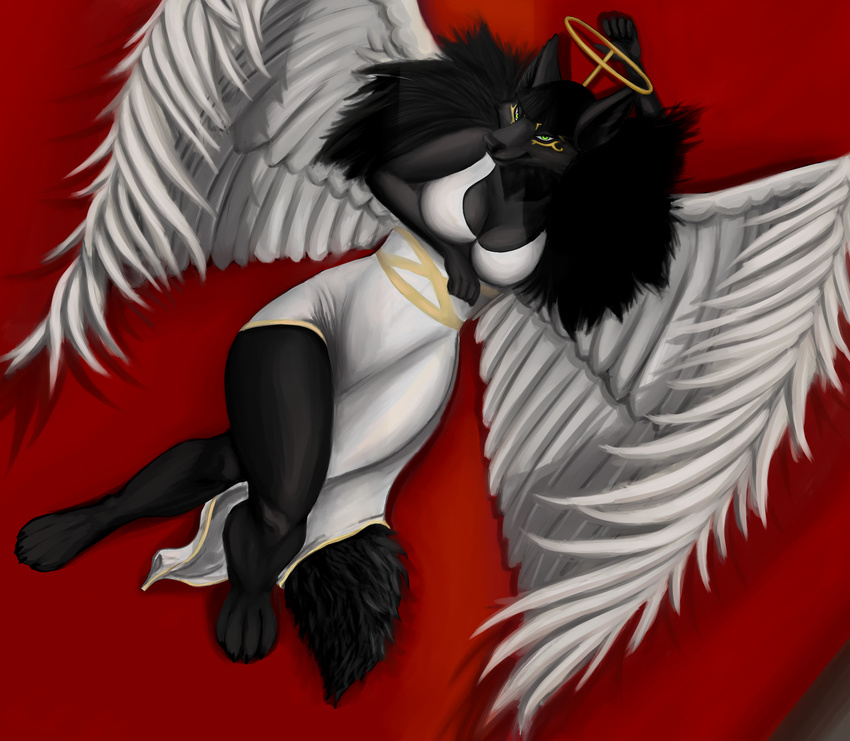 absurd_res angel anthro anubian_jackal breasts canid canine canis clothed clothing costume crossed_legs digital_media_(artwork) dress egyptian egyptian_clothing female fur hi_res inside jackal kalasiris looking_at_viewer lying mammal on_back sabrotiger smile solo