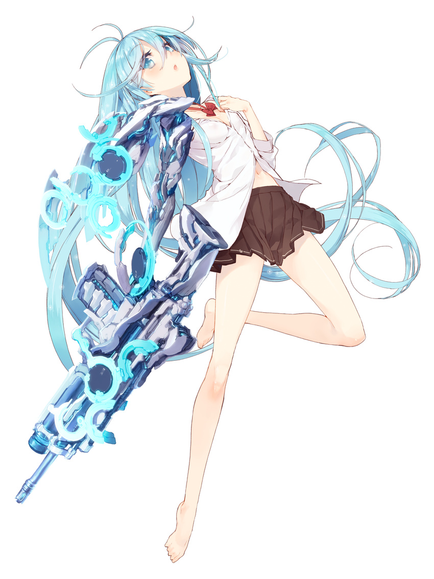 absurdres barefoot blue_hair commentary_request cyborg denpa_onna_to_seishun_otoko feet female full_body highres long_hair mecha navel robot school_uniform solo toes touwa_erio transparent_background unaji weapon