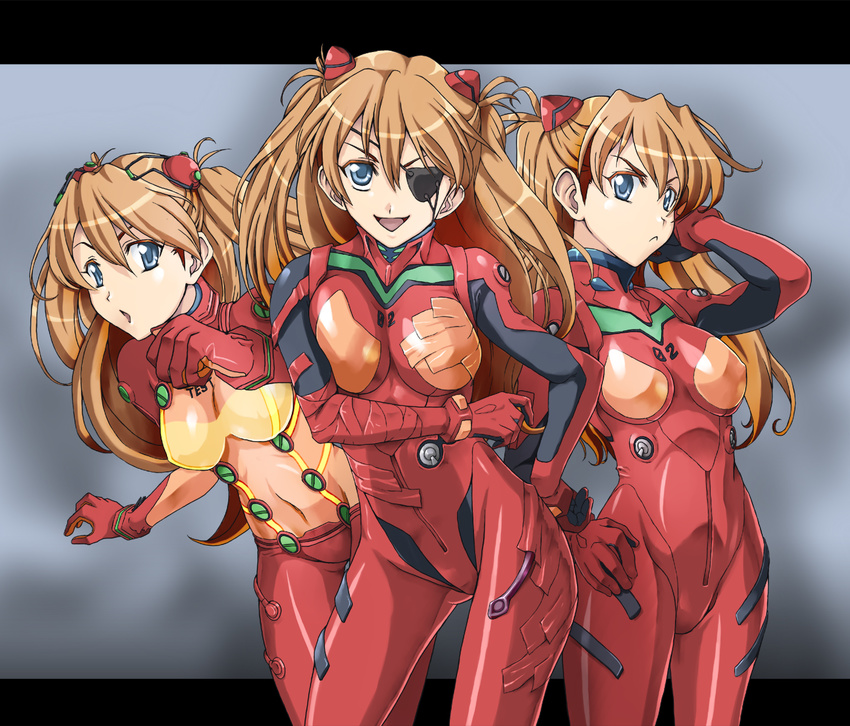 3girls :< :d :o adjusting_hair alternate_breast_size bad_id bad_pixiv_id blue_eyes bodysuit bracer breasts closed_mouth clothes_writing colored_eyelashes contrapposto covered_navel cowboy_shot duct_tape evangelion:_2.0_you_can_(not)_advance evangelion:_3.0_you_can_(not)_redo eyepatch frown gloves grey_background hair_between_eyes hair_ornament hairpods hand_on_own_hip highres interface_headset large_breasts leaning_forward letterboxed long_hair looking_at_viewer multicolored_bodysuit multicolored_clothes multiple_girls multiple_persona naoyuki neon_genesis_evangelion open_mouth orange_bodysuit orange_hair parted_bangs plugsuit rebuild_of_evangelion red_bodysuit see-through skin_tight smile souryuu_asuka_langley standing test_plugsuit turtleneck two_side_up v-shaped_eyebrows