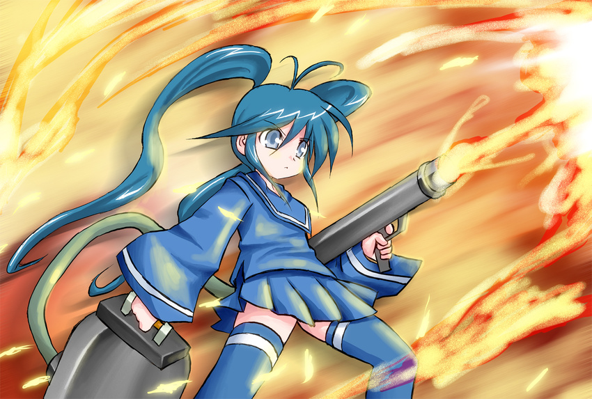 antenna_hair blue_eyes blue_hair blue_thighhighs commentary_request female fire flamethrower imaichi_moenai_ko kobe_shinbun long_hair pun skirt solo thighhighs twintails very_long_hair weapon zero_jager zettai_ryouiki