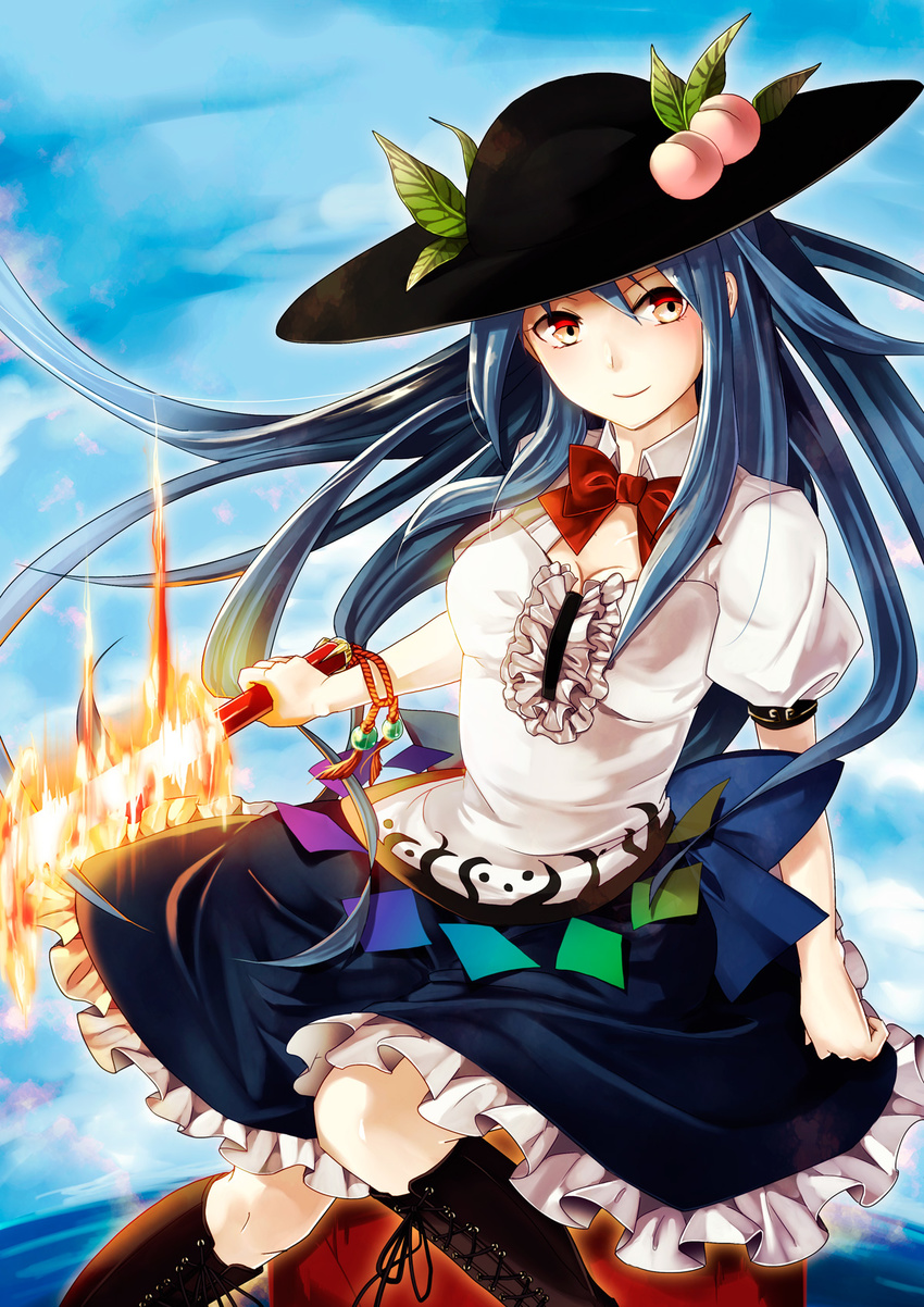 bad_id bad_pixiv_id blouse blue_hair blue_sky boots bow bowtie breasts cleavage cloud commentary_request cross-laced_footwear female fire food fruit hat highres hinanawi_tenshi knee_boots knees_together_feet_apart leaf long_hair looking_away medium_breasts memai peach photoshop_(medium) puffy_short_sleeves puffy_sleeves red_eyes shirt short_sleeves skirt sky smile solo sword_of_hisou touhou