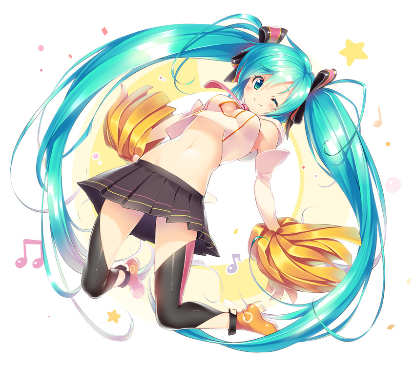 aqua_eyes aqua_hair bad_id bad_pixiv_id cheerleader female hair_ribbon hatsune_miku long_hair midriff musical_note navel necktie one_eye_closed pom_pom_(cheerleading) ribbon shoes skirt solo star_(symbol) thighhighs twintails very_long_hair vocaloid yaguchiya_tomoshi