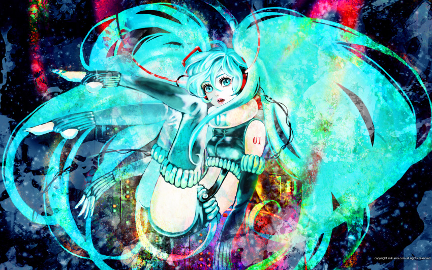 aqua_eyes aqua_hair black_shorts elbow_gloves female fingerless_gloves gloves hatsune_miku highres himemiko long_hair midriff mikumix navel photoshop_(medium) shorts solo thighhighs twintails very_long_hair vocaloid