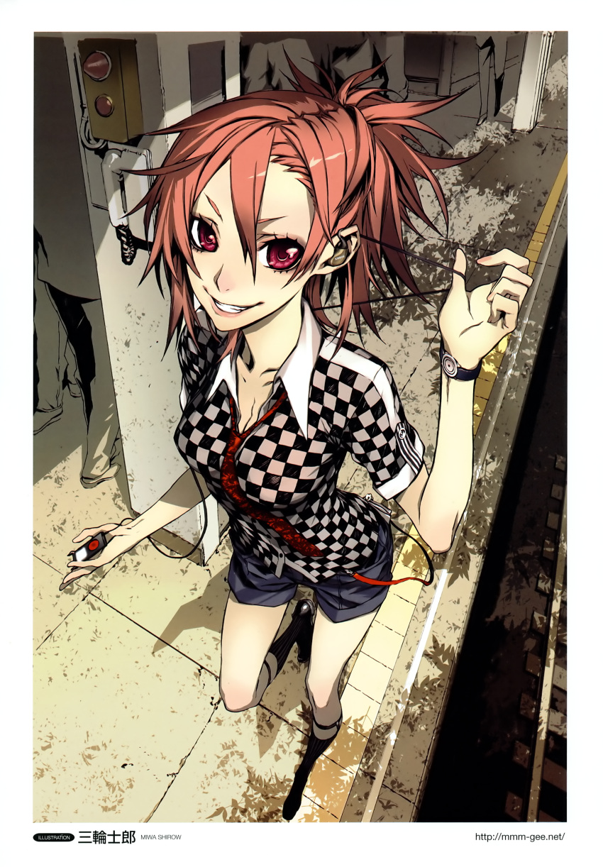 absurdres artist_name blouse breasts casual checkered_clothes checkered_shirt cleavage digital_media_player earphones eyelashes female foreshortening from_above grin hair_between_eyes highres ipod large_breasts looking_at_viewer miwa_shirow necktie original polo_shirt red_eyes red_hair shirt short_hair short_shorts short_sleeves shorts shure smile socks solo_focus subway taut_clothes taut_shirt train_station watch watermark wristwatch