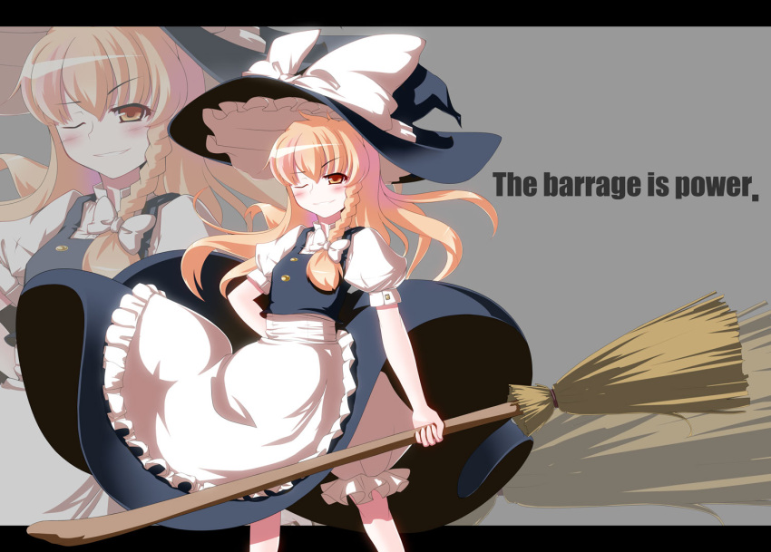 blonde_hair braid broom commentary_request female hat kirisame_marisa long_hair one_eye_closed solo tama_(speedgrapher) touhou witch_hat yellow_eyes