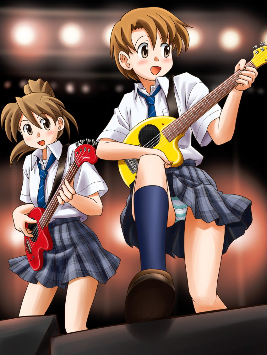 2girls brown_hair commentary_request fernandes_guitars fernandes_zo-3 fujimoto_atsuko guitar highres instrument lielos multiple_girls music original panties playing_instrument poniko_(lielos) school_uniform short_hair striped_clothes striped_panties underwear upskirt