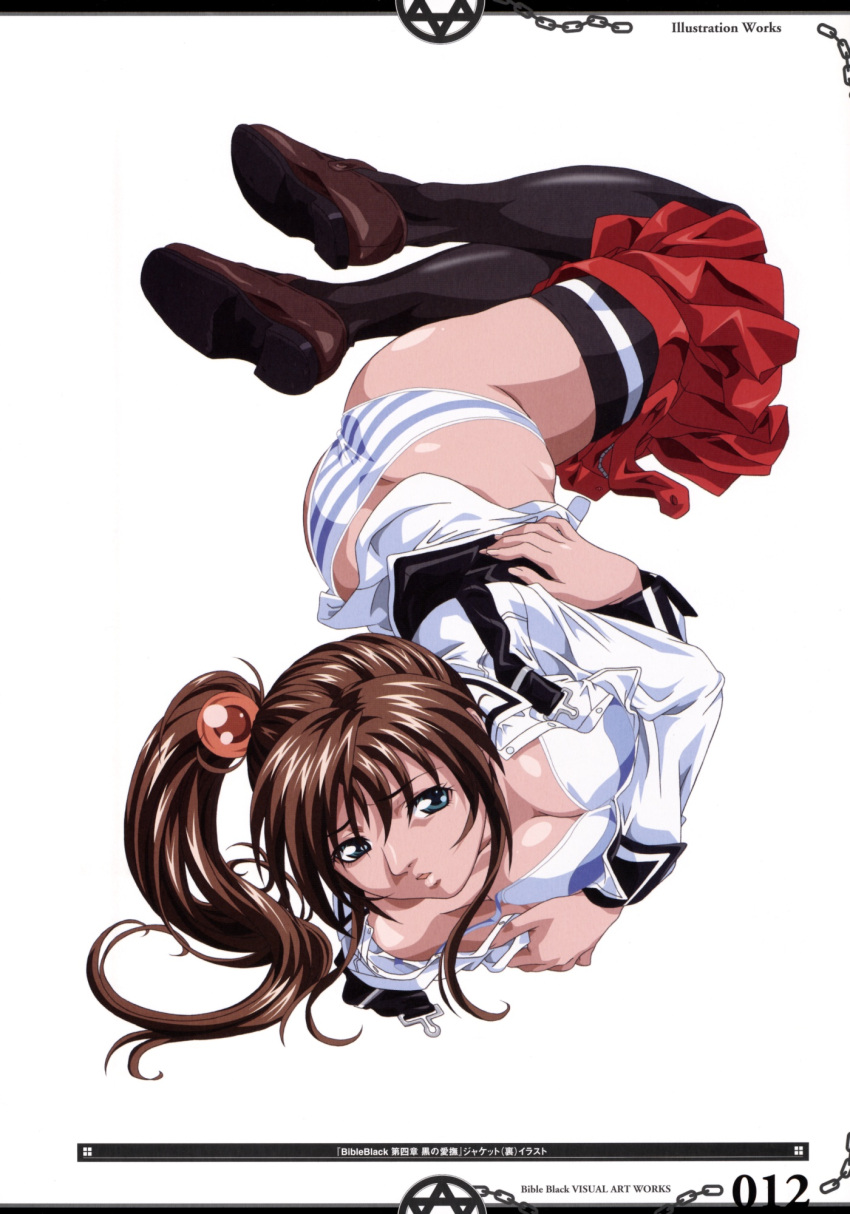 aqua_eyes bible_black black_thighhighs bra breasts brown_hair cleavage clothes_pull crossed_arms female highres imari_kurumi large_breasts lingerie long_hair lying open_clothes open_shirt panties scan school_uniform shirt side_ponytail skirt skirt_pull solo strap_slip striped_clothes striped_panties suspenders thighhighs underwear undressing yoshiten