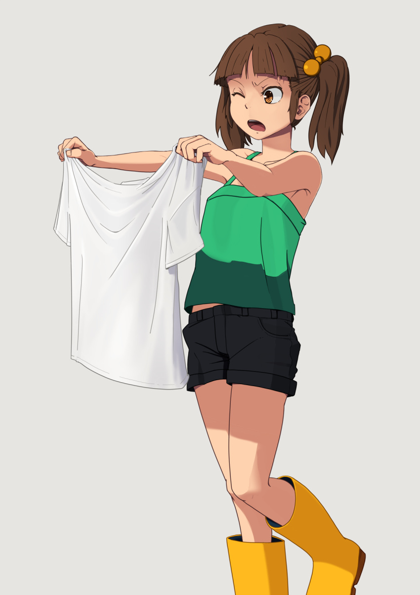 armpits black_shorts boots brown_eyes brown_hair camisole commentary_request female hair_bobbles hair_ornament highres one_eye_closed original partial_commentary ringed_eyes rubber_boots short_hair shorts solo twintails yammy_(cellblo)