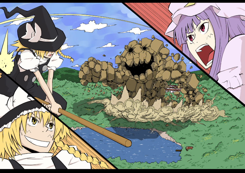 2girls aerial black_vest blonde_hair braid broom broom_riding cloud commentary_request cut-in day golem grin hat hat_ribbon highres karu_(ishiken) kirisame_marisa lake misty_lake multiple_girls nib_pen_(medium) open_mouth outdoors patchouli_knowledge puffy_short_sleeves puffy_sleeves purple_hair red_eyes ribbon scarlet_devil_mansion scenery shirt short_sleeves single_braid smile touhou traditional_media vest white_shirt witch_hat yellow_eyes