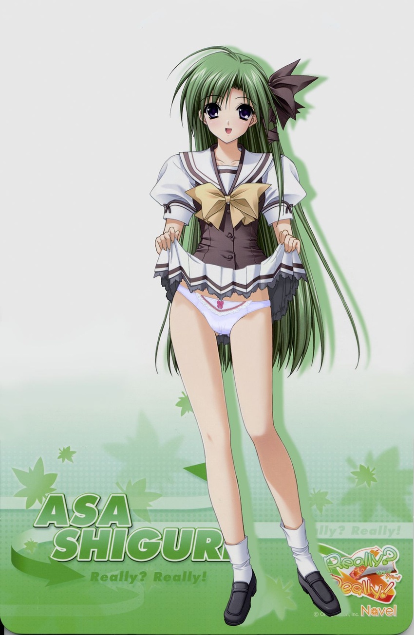 blush clothes_lift female green_hair highres jpeg_artifacts long_hair national_verbena_academy_school_uniform navel_(company) official_art open_mouth panties purple_eyes really?_really! scan school_uniform shigure_asa shuffle! skirt skirt_lift smile suzuhira_hiro underwear very_long_hair