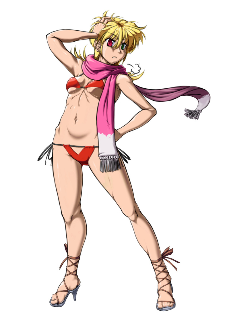 ankle_lace-up bikini blonde_hair breasts commentary_request cross-laced_footwear feet female heterochromia highres katina_tarask lace-up_heels legs long_hair medium_breasts photoshop_(medium) red_bikini sandals sangekimaru scarf side-tie_bikini_bottom solo string_bikini super_robot_wars super_robot_wars_original_generation swimsuit underboob undersized_clothes