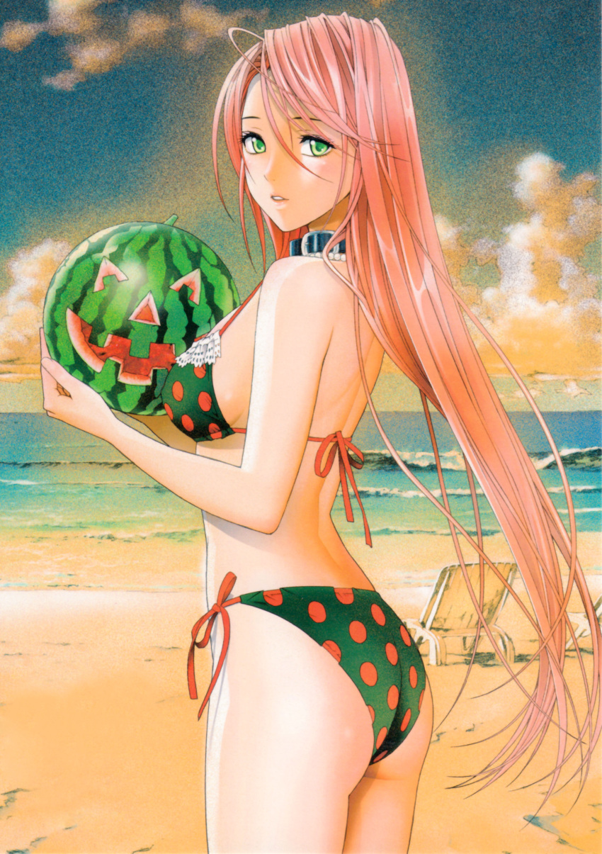 absurdres akashiya_moka beach bikini collar female food fruit green_eyes highres holding holding_food holding_fruit holding_watermelon ikeda_akihisa jack-o'-lantern long_hair ocean outdoors photoshop_(medium) pink_hair polka_dot polka_dot_bikini polka_dot_swimsuit rosario+vampire side-tie_bikini_bottom solo swimsuit unconventional_jack-o'-lantern watermelon