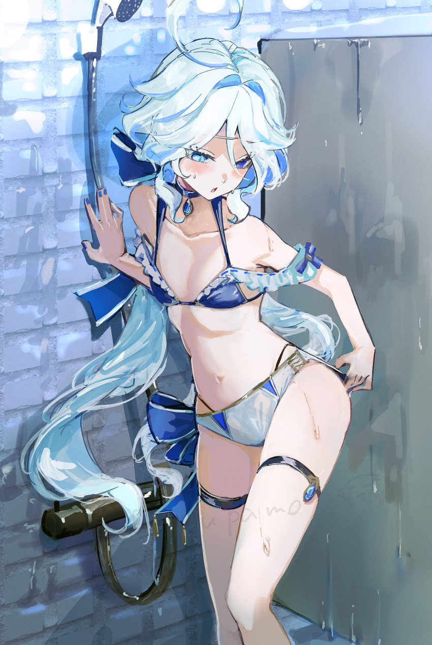 absurdres adjusting_clothes adjusting_swimsuit against_wall bathroom bikini blue_bikini blue_choker blue_gemstone blue_hair blue_nails blush breasts choker collarbone cowboy_shot cowlick female furina_(genshin_impact) gem genshin_impact highres indoors light_blue_hair long_hair mismatched_bikini mochi_upamo nail_polish navel open_mouth shower_head small_breasts solo stomach swimsuit thigh_strap very_long_hair white_bikini