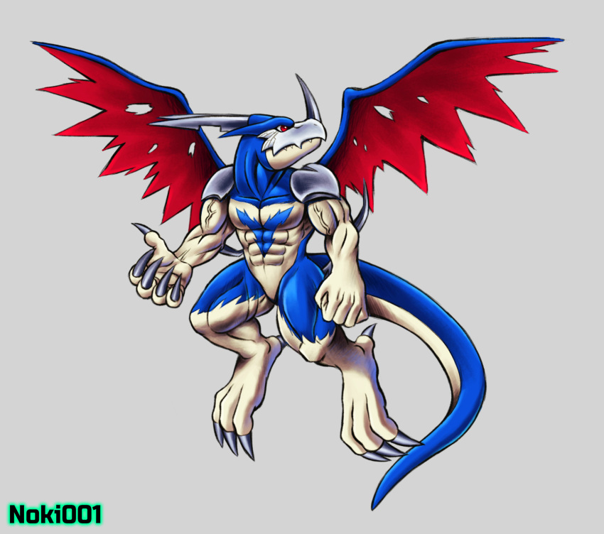 aeroveedramon anthro bandai_namco big_claws blue_body claws digimon digimon_(species) dragon grey_background hi_res horn lighter_belly long_tail male mid_air mouth_closed muscular mythological_creature mythological_scalie mythology noki001 red_eyes red_wings scalie simple_background solo spikes tail vein wings