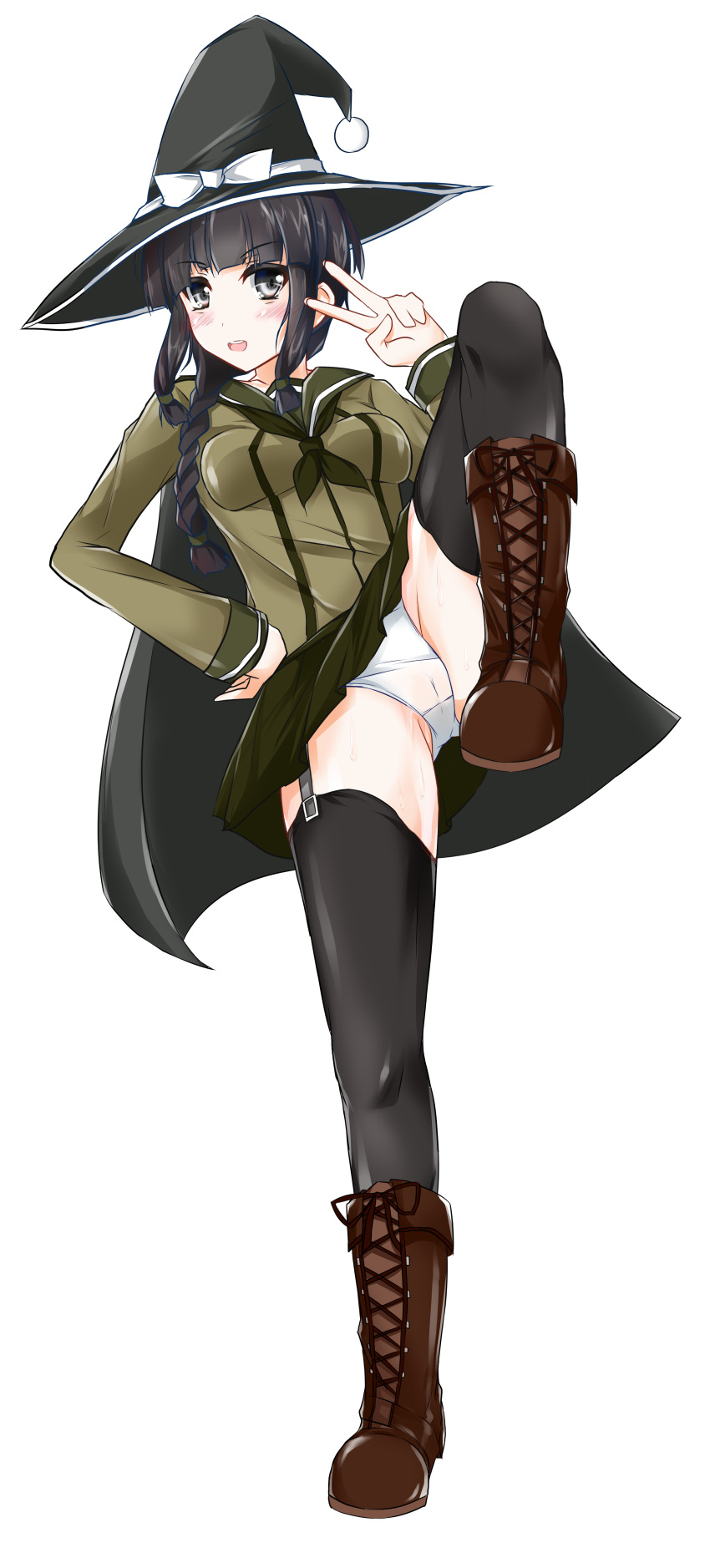 absurdres black_hair black_thighhighs blunt_bangs boots braid breasts brown_footwear cameltoe cross-laced_footwear female ferdinand_(akizuki) full_body green_serafuku green_skirt grey_eyes hair_over_shoulder hat highres kantai_collection kitakami_(kancolle) long_hair long_sleeves miniskirt open_mouth panties pleated_skirt school_uniform serafuku simple_background single_braid skirt small_breasts solo standing standing_on_one_leg thighhighs underwear white_background white_panties witch_hat