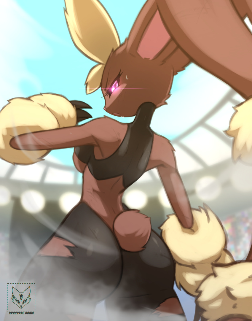 absurdres animal_ears animal_nose arm_at_side arm_up artist_name ass back black_pantyhose blue_sky body_fur breasts brown_fur commentary cowboy_shot day dust female from_behind glowing glowing_eyes half-closed_eyes highres looking_at_viewer looking_back lopunny medium_breasts mega_lopunny mega_pokemon open_mouth outdoors pantyhose pink_eyes pokemon pokemon_(creature) rabbit_ears rabbit_girl rabbit_tail sky solo spectraldrawfox sports_bra stadium standing sweat tail torn_clothes torn_pantyhose two-tone_fur underboob v-shaped_eyebrows watermark wide_hips yellow_fur