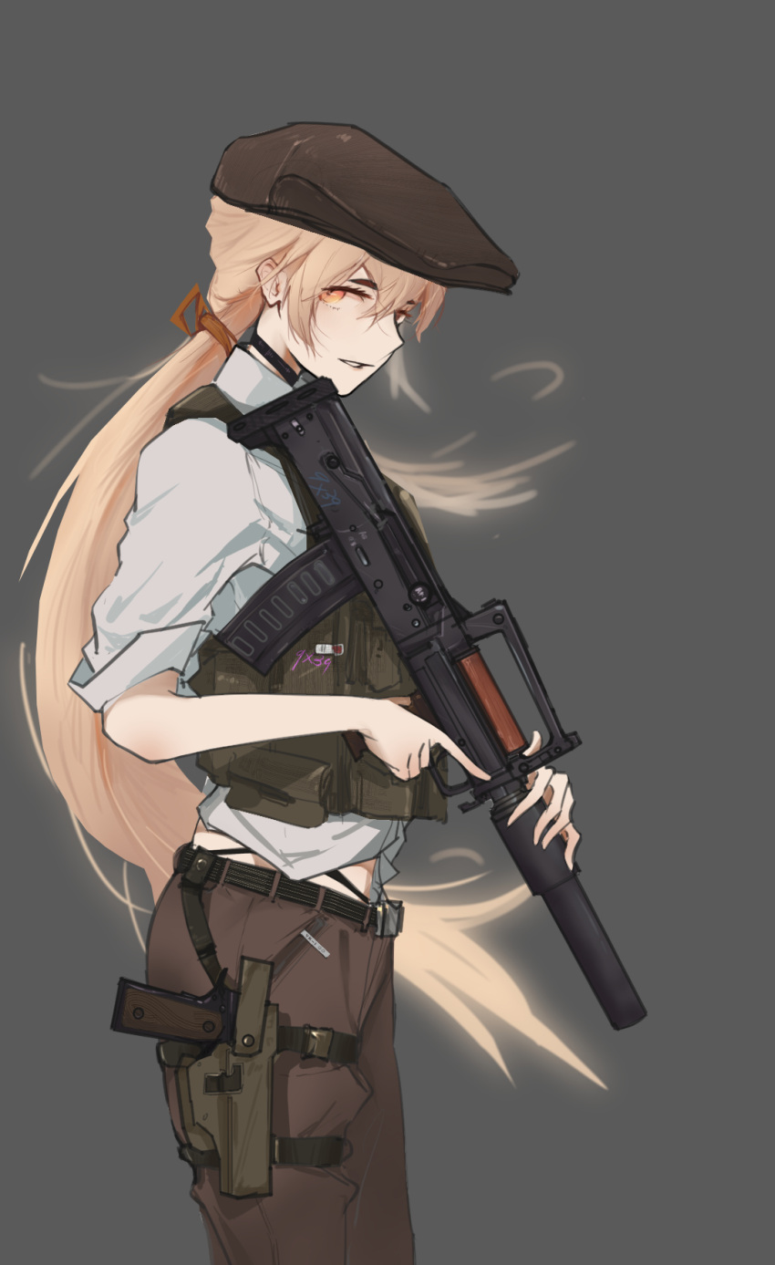 ajin_(sakurai_gamon) assault_rifle black_choker black_panties blonde_hair brown_pants bulletproof_vest bullpup chinese_commentary choker collared_shirt commentary_request commission cosplay female flat_cap from_side girls'_frontline grey_background gun handgun hat highleg highleg_panties highres holding holding_gun holding_weapon holster long_hair looking_at_viewer m1911 michaeliadalto9 orange_eyes ots-14_(girls'_frontline) ots-14_groza panties pants parted_lips ponytail rifle satou_(ajin) satou_(ajin)_(cosplay) second-party_source shirt simple_background solo suppressor thigh_holster trigger_discipline underwear vest weapon white_shirt