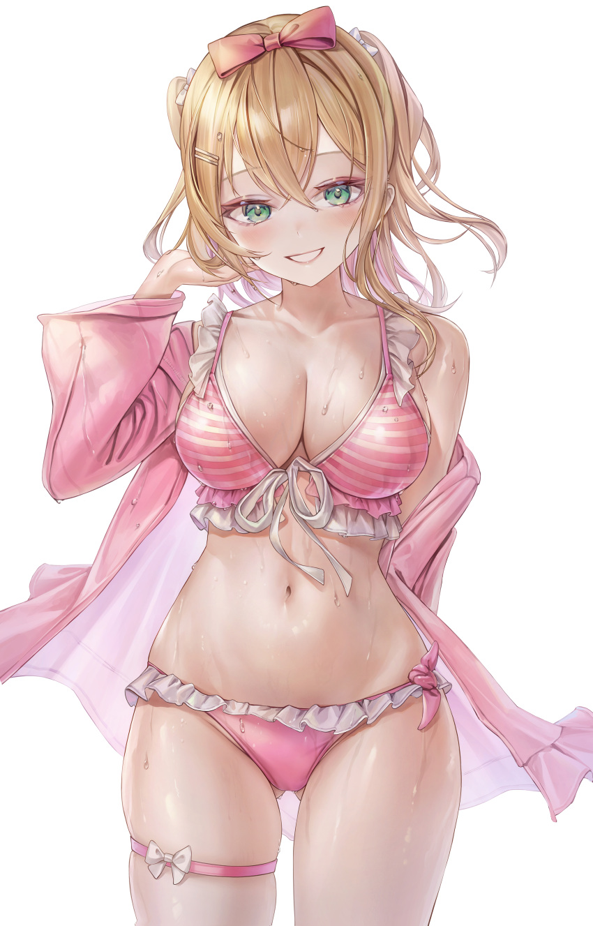 absurdres adjusting_hair ass_visible_through_thighs bikini blonde_hair blush bow breasts cleavage collarbone colored_inner_hair female frilled_bikini frills front-tie_bikini_top front-tie_top green_eyes grin hair_between_eyes hair_ornament hairbow hairclip highres jacket kurumi_noah large_breasts long_sleeves looking_at_viewer multicolored_hair navel open_clothes open_jacket pink_bikini pink_bow pink_hair pink_jacket pink_lips shiny_skin simple_background single_bare_shoulder sleeves_past_wrists smile solo stomach striped_bikini striped_clothes swimsuit thigh_bow thigh_strap thighs two-tone_hair two_side_up vspo! wet white_background white_bow yahiro_(heartseek000)