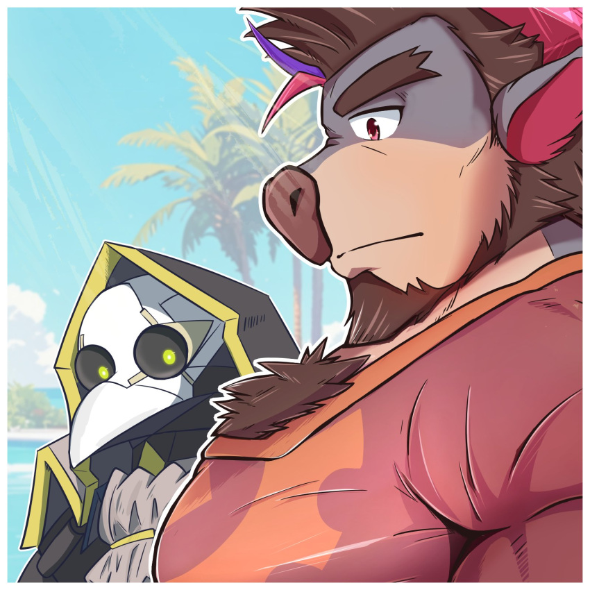 animal_mask anthro beak_mask body_hair bovid bovine cattle chest_hair duo girl_staring_at_man's_chest glowing glowing_eyes hi_res hood lifewonders live_a_hero male male/male mammal mask muscular muscular_anthro muscular_male obsidius pecs theoreol to_hakuto