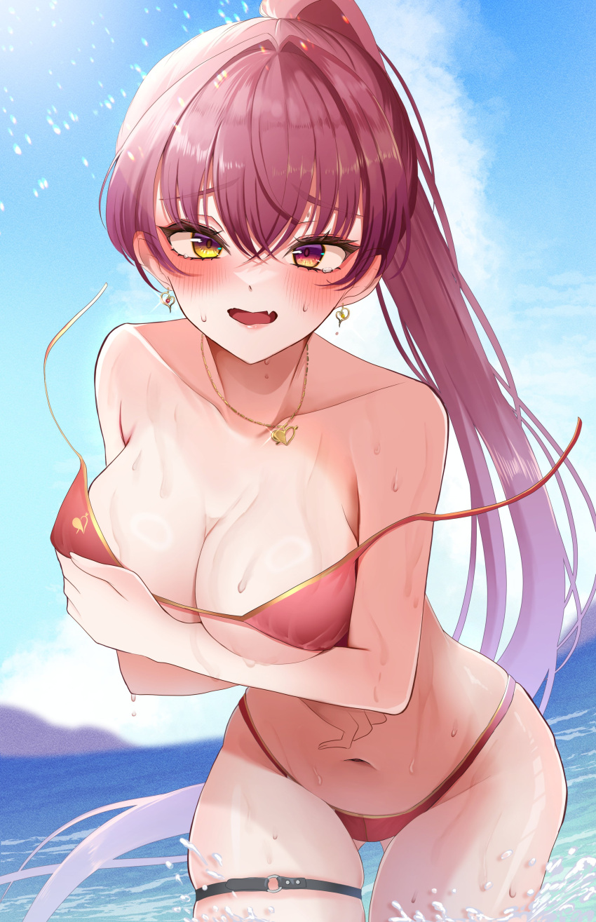 absurdres bikini blue_sky breasts collarbone cowboy_shot crossed_arms earrings female heart heart_earrings heterochromia high_ponytail highres hinoki_kahun0 hololive houshou_marine jewelry large_breasts looking_at_viewer navel o-ring o-ring_thigh_strap ocean open_bikini open_clothes partially_submerged red_bikini red_eyes red_hair skindentation sky solo swimsuit thigh_strap virtual_youtuber water yellow_eyes