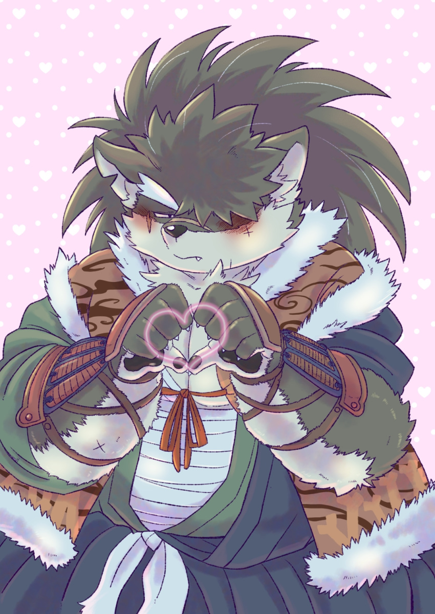 anthro belly blush canid canine canis chest_wraps domestic_dog embarrassed eyebrows gesture hair hair_over_eye hand_heart heart_symbol hi_res kusarikakemono lifewonders long_hair male mammal musclegut muscular pecs ponytail red_eyes samurai shino_(tas) solo thick_eyebrows tokyo_afterschool_summoners warrior wraps