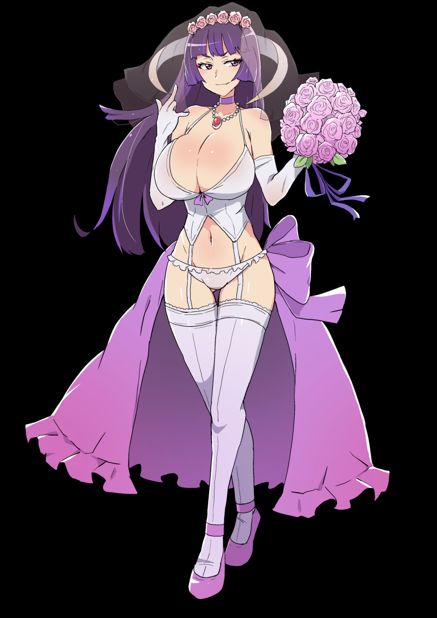 absurdres black_background blunt_bangs bouquet breasts cleavage closed_mouth elbow_gloves featherine_augustus_aurora female flower full_body gloves highres higurashi_no_naku_koro_ni holding holding_bouquet jewelry large_breasts long28 long_hair looking_to_the_side navel necklace oerba_yun_fang purple_eyes purple_flower sidelocks skin_fang smile solo standing umineko_no_naku_koro_ni white_gloves