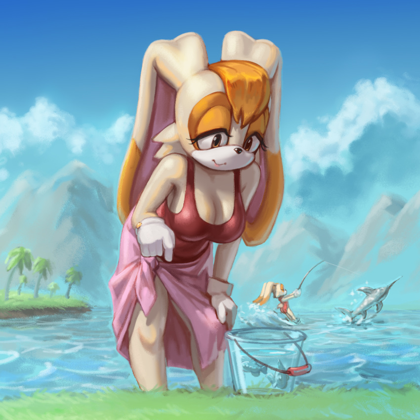 anthro billfish breasts bucket cleavage clothed clothing cloud container cream_the_rabbit day female fish fishing fishing_rod gloves group handwear hi_res istiophoriform kujalla lagomorph mammal marine mountain palm_tree partially_submerged plant sega solo_focus sonic_the_hedgehog_(series) swordfish tree vanilla_the_rabbit water