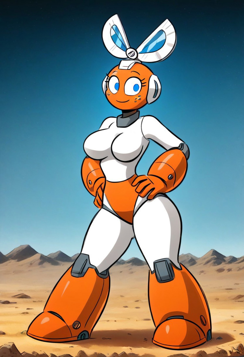 1girls 5_fingers ai_generated big_breasts blue_eyes breasts capcom cut_man cute eyebrows eyelashes female female_only freckles full_body hands_on_hips hips humanoid ilya_efimov large_breasts looking_at_viewer mega_man robot robot_girl robot_humanoid rule_63 smile smiling smiling_at_viewer solo solo_female stable_diffusion standing thick thick_thighs thighs wide_hips