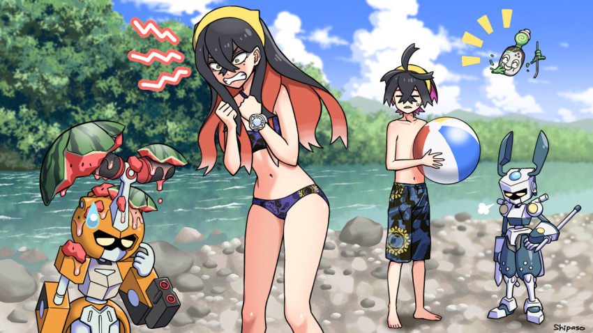 1boy angry ball barefoot beachball bikini black_hair bracelet carmine_(pokemon) chrotojil_(medarot) cloud commentary_request commission crossover drinking_straw female food forest fruit hair_between_eyes hairband holding holding_ball holding_beachball jewelry kieran_(pokemon) long_hair male_swimwear medarot midriff multicolored_bikini multicolored_clothes multicolored_hair multicolored_swimsuit nature navel pokemon pokemon_sv poltchageist purple_hair red_hair risapaso shinzan_(medarot) short_hair skeb_commission sky smile standing stomach swim_trunks swimsuit tree water watermelon yellow_hairband