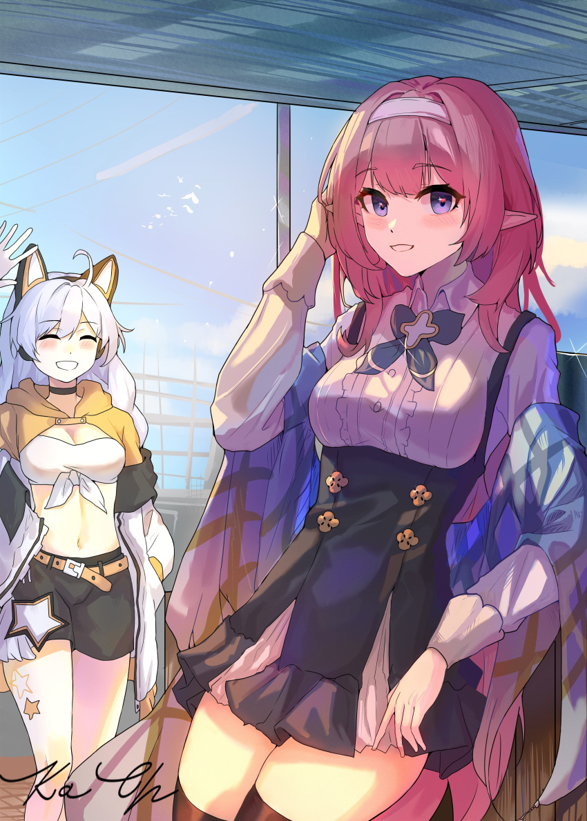 2girls absurdres animal_ears bare_legs black_shorts black_thighhighs blue_eyes blue_skirt blue_sky cat_ears coat elf elysia_(coco)_(honkai_impact) elysia_(honkai_impact) elysia_(miss_pink_elf)_(honkai_impact) fake_animal_ears headband highres honkai_(series) honkai_impact_3rd indoors kach kiana_kaslana kiana_kaslana_(coco) long_hair looking_at_viewer midriff multiple_girls navel orange_coat pink_hair pointy_ears shirt shorts signature skirt sky smile thighhighs thighs very_long_hair waving_hands white_hair white_headband white_shirt zettai_ryouiki