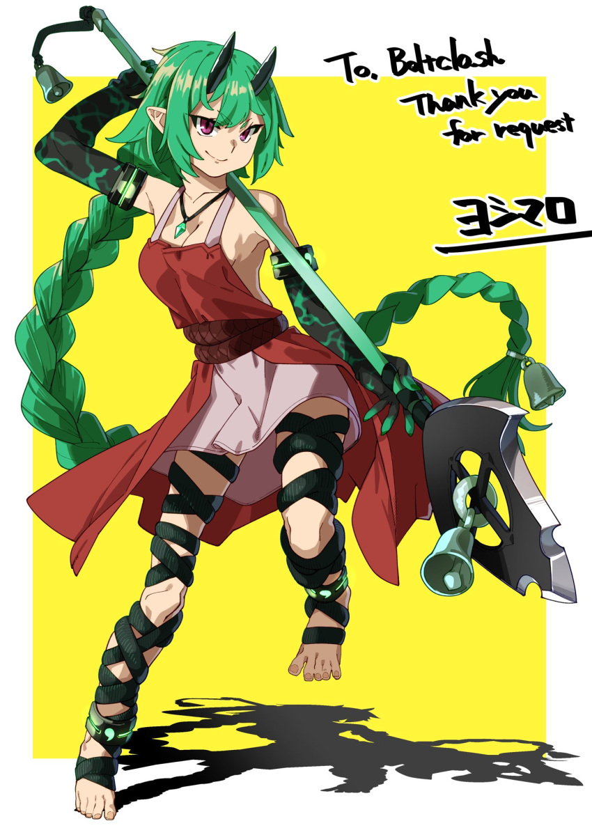 anklet armlet bare_shoulders barefoot bell black_gloves black_rope border braid breasts cleavage collarbone commission commissioner_name demon_horns detached_sleeves elbow_gloves feet female fighting_stance gem gloves green_gemstone green_gloves green_hair green_rope hair_bell hair_ornament highres holding holding_polearm holding_weapon horns jade_(boltclash) jade_pendant jewelry long_bangs long_hair looking_at_viewer magatama_(symbol) medium_breasts oni oni_girl original pointy_ears polearm purple_eyes rope signature single_braid skinny skirt smile smirk solo spear spread_toes standing standing_on_one_leg thank_you tiptoes toenails toes very_long_hair weapon white_border yellow_background yoshimaro