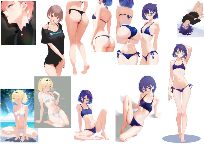 3girls a-chan_(hololive) aqua_eyes ass bikini black_bikini black_shirt blonde_hair blue_bikini blue_eyes breasts brown_hair cohi27151463 earrings glasses hair_ornament hairclip harusaki_nodoka highres hololive jewelry kazama_iroha looking_at_viewer lying multiple_girls multiple_views navel on_back ponytail purple_hair red_eyes shirt short_hair side-tie_bikini_bottom simple_background sitting small_breasts stomach stud_earrings swimsuit takane_lui virtual_youtuber white_background white_bikini