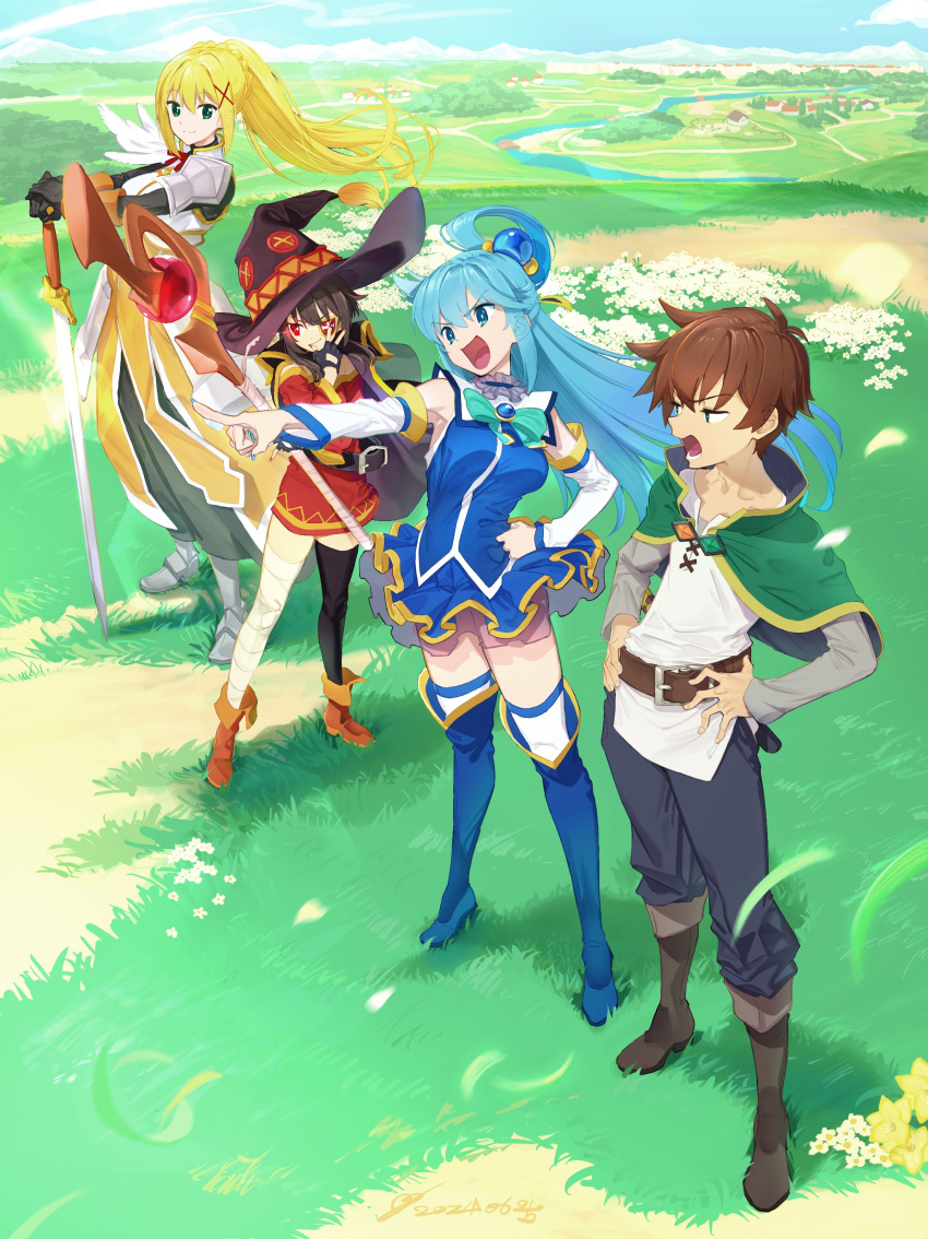 1boy absurdres aqua_(konosuba) armor bandaged_leg bandages belt black_belt black_cape black_dress black_gloves black_hat black_pants black_thighhighs blonde_hair blue_bow blue_bowtie blue_eyes blue_footwear blue_hair blue_shirt blue_skirt blue_sky boots bow bowtie breastplate breasts brooch brown_belt brown_footwear brown_hair cape capelet chuunibyou closed_mouth colored_eyepatch darkness_(konosuba) day detached_sleeves dress eyepatch falling_petals faulds feathers fingerless_gloves floating_clothes floating_hair full_body gloves glowing glowing_eye grass greaves green_capelet green_eyes grey_shirt hair_ornament hairclip hand_on_own_hip hand_up hands_on_hilt hands_on_own_hips hat high-waist_skirt high_heel_boots high_heels highres hill holding holding_staff jewelry knee_boots kono_subarashii_sekai_ni_shukufuku_wo! large_breasts long_hair long_skirt long_sleeves looking_ahead looking_at_another looking_to_the_side loose_belt mage_staff mamorunokoto megumin miniskirt mountainous_horizon neck_ribbon off-shoulder_dress off_shoulder open_mouth outdoors outstretched_arms pants pants_tucked_in pauldrons petals planted planted_sword pointing pointing_forward ponytail ponytail_with_braided_base red_dress red_eyes red_nails red_ribbon ribbon river rural sabaton satou_kazuma shirt short_dress short_hair shoulder_armor sidelocks single_hair_ring single_thighhigh skirt sky sleeveless sleeveless_shirt smile smirk staff standing sword thigh_boots thighhighs undershirt v-shaped_eyebrows village weapon white_sleeves white_thighhighs white_tunic wind witch_hat x_hair_ornament yellow_skirt