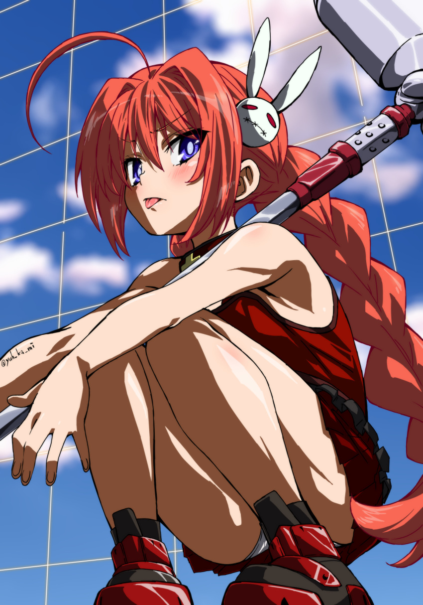 :p ahoge anime_coloring bare_shoulders blue_eyes blush commentary_request dress female flat_chest graf_eisen hair_ornament highres long_braid long_hair looking_at_viewer lyrical_nanoha mahou_shoujo_lyrical_nanoha panties panty_peek rabbit_hair_ornament red_dress red_hair short_dress solo squatting tongue tongue_out underwear vita_(nanoha) war_hammer weapon white_panties yuukami_(wittsu)