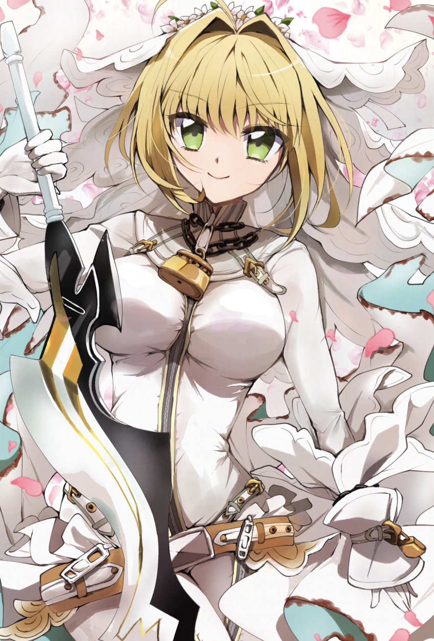 absurdres aestus_estus ahoge belt blonde_hair bodysuit breasts chains closed_mouth fate/extra fate/extra_ccc fate/grand_order fate_(series) female flower_wreath green_eyes hair_between_eyes hair_intakes head_wreath highres large_breasts lock long_hair long_sleeves looking_at_viewer nero_claudius_(bride)_(fate) nero_claudius_(fate) padlock smile solo sword thighs toyosu veil weapon white_bodysuit zipper