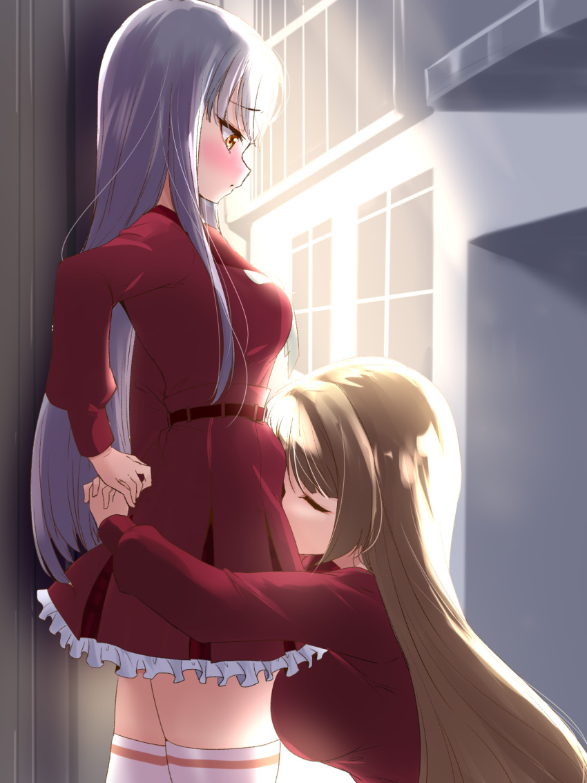 2girls against_wall assault_lily backlighting belt blonde_hair blush breasts building closed_eyes closed_mouth commentary_request cowboy_shot day frilled_skirt frills from_side grey_hair hand_on_another's_hand high-waist_skirt highres hug interlocked_fingers kanba_girls_high_school_uniform kon_kanaho long_hair long_sleeves looking_at_another looking_down medium_breasts miniskirt miyagawa_takane multiple_girls neckerchief outdoors own_hands_together profile raised_eyebrows red_belt red_sailor_collar red_shirt red_skirt sailor_collar school_uniform serafuku shirt sidelocks skirt standing sunlight thighhighs urutsu_sahari very_long_hair waist_hug white_neckerchief white_thighhighs yellow_eyes yuri zettai_ryouiki