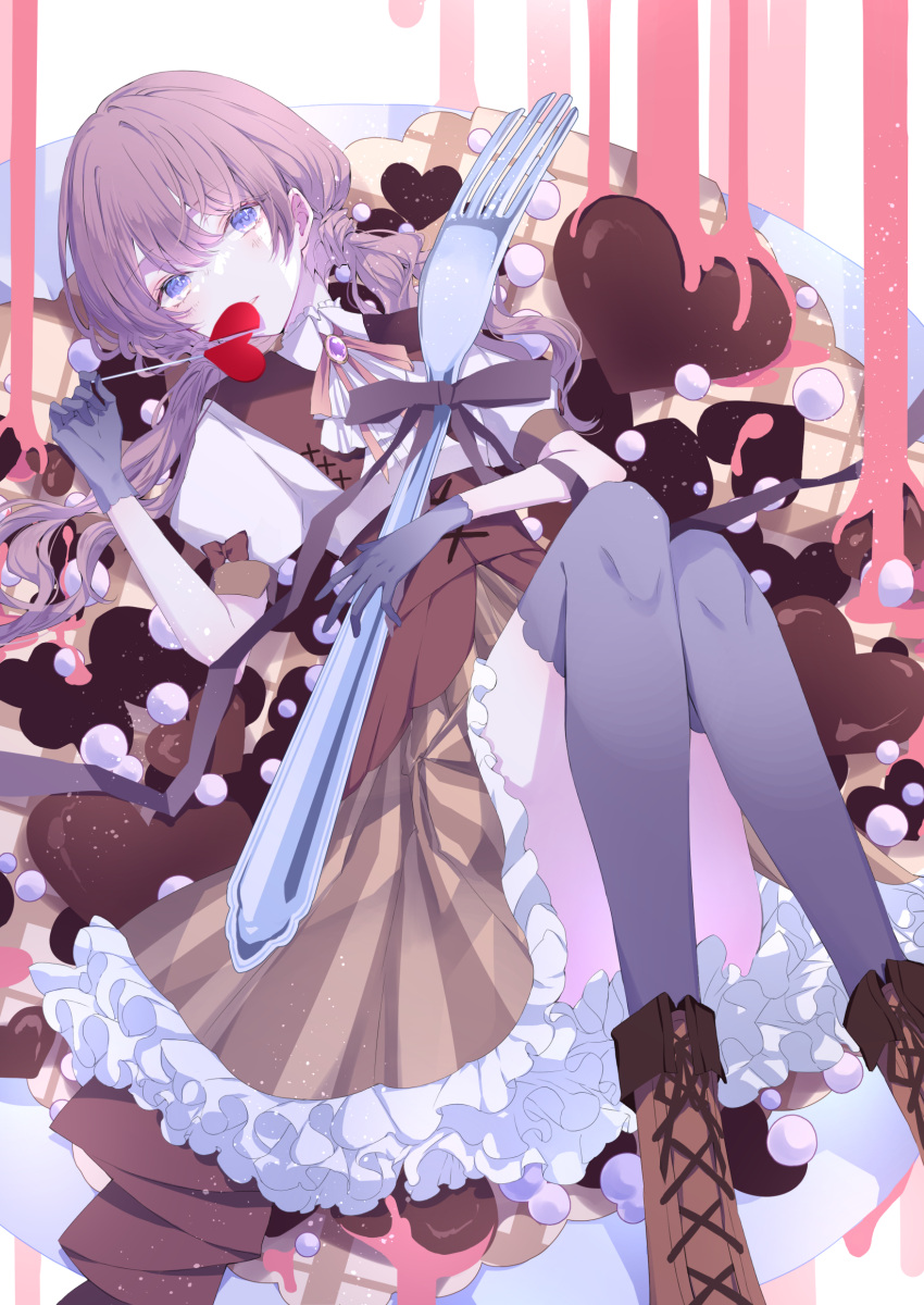 absurdres black_thighhighs blue_eyes blush bow brown_bow brown_footwear brown_skirt candy chocolate dress english_commentary female food frilled_dress frills giant_fork gloves heart heart-shaped_chocolate highres long_hair looking_at_viewer low_twintails lying motimoti067 original oversized_food oversized_object pastel_colors purple_hair sailor_collar shirt skirt solo striped_clothes thighhighs twintails valentine vertical-striped_clothes white_shirt