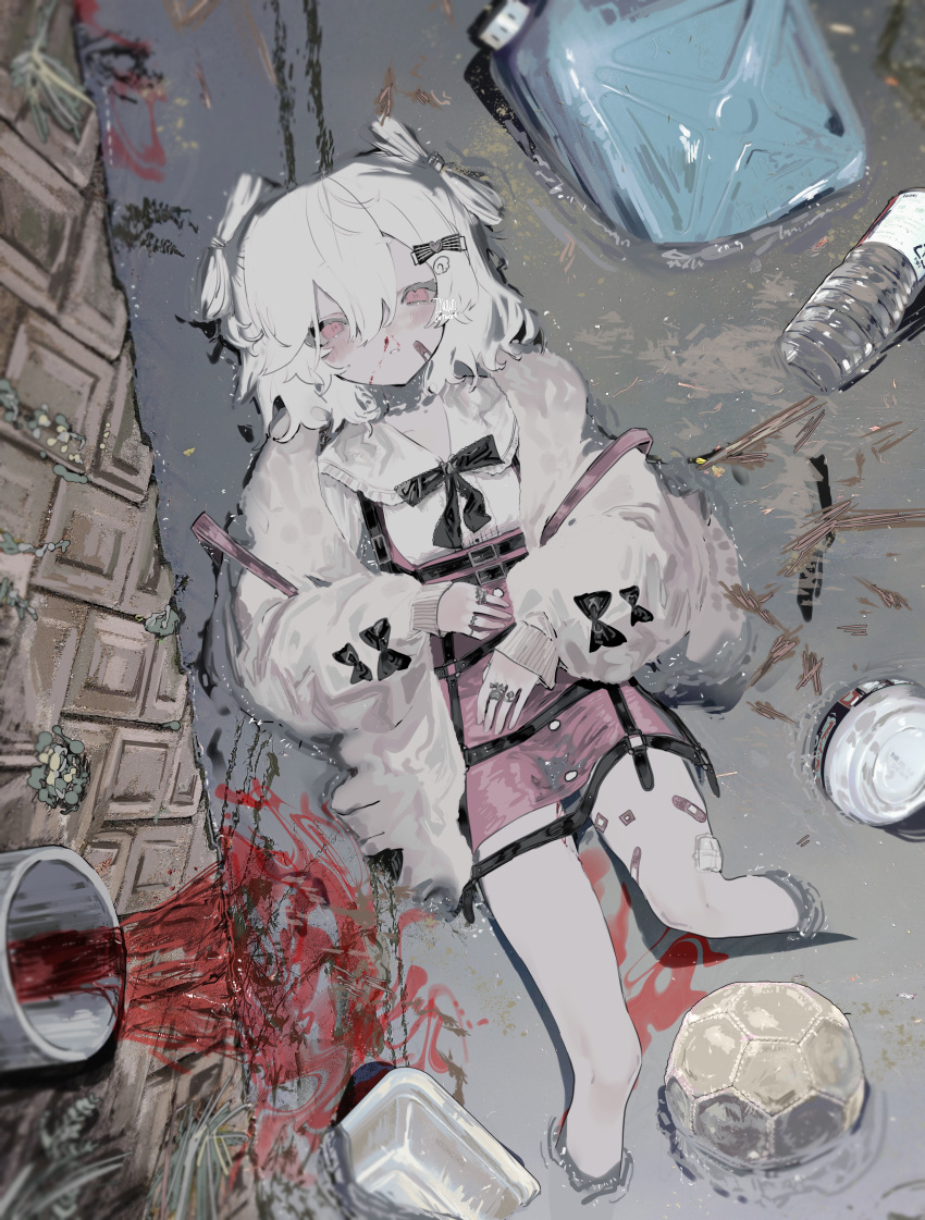 absurdres ball blood bow canal dirty dirty_clothes dress female highres jerry_can jewelry mud nosebleed original pink_eyes plastic_bottle ribbon ring shibakure_inuwo soccer_ball street_gutter styrofoam white_hair