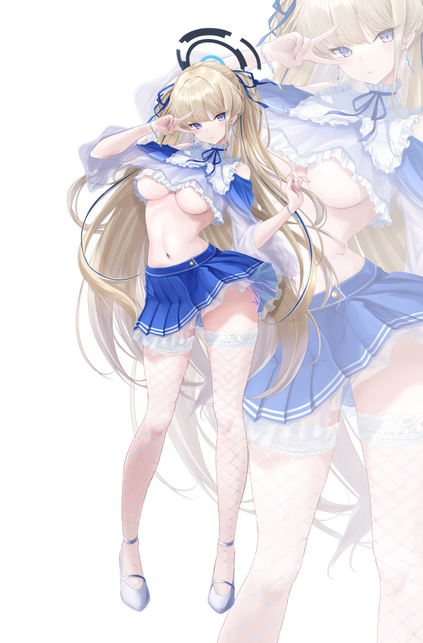 absurdres alternate_costume alternate_hairstyle arm_up blonde_hair blue_archive blue_eyes blue_halo blue_ribbon blue_skirt breasts crop_top earrings female fishnet_thighhighs fishnets full_body hair_ribbon halo hand_up highres jewelry long_hair medium_breasts miniskirt navel noa_(skae3323) pleated_skirt ribbon simple_background skirt solo stomach thighhighs thighs toki_(blue_archive) two_side_up underboob v very_long_hair white_background white_thighhighs zettai_ryouiki zoom_layer